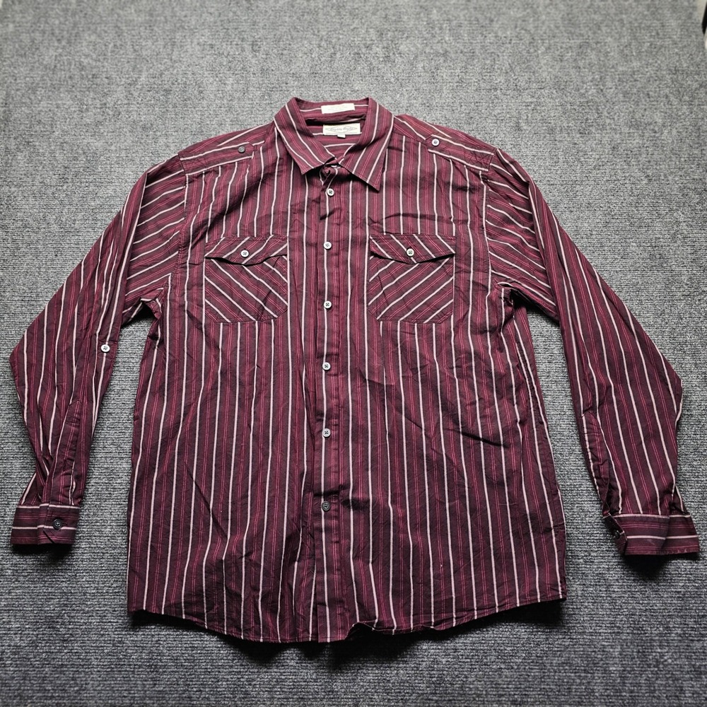 Lucky Brand Mens Burgundy Striped Long Sleeve Button Down Shirt XL Epaulets